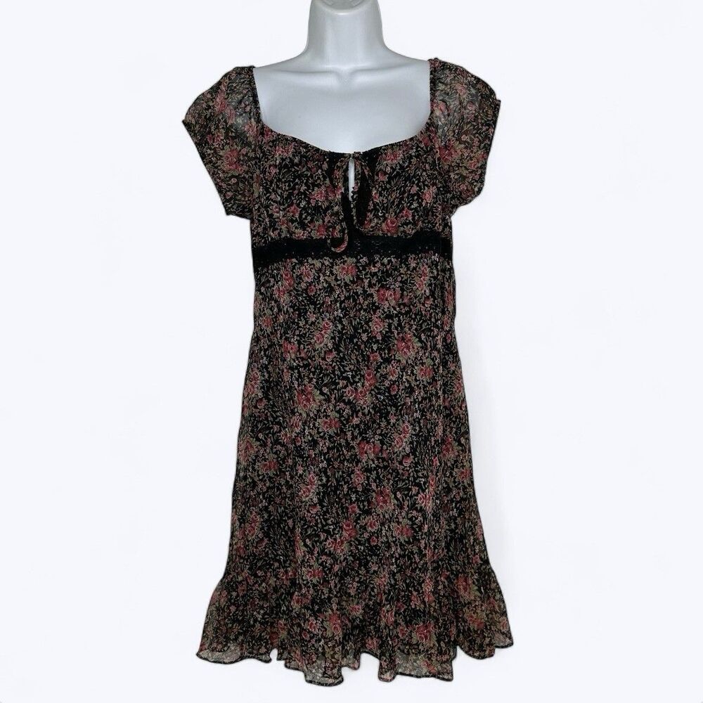 G-Dresses Floral Babydoll Mini Dress Coquette Dark Cottagecore Ruffle Y2K Sz XL